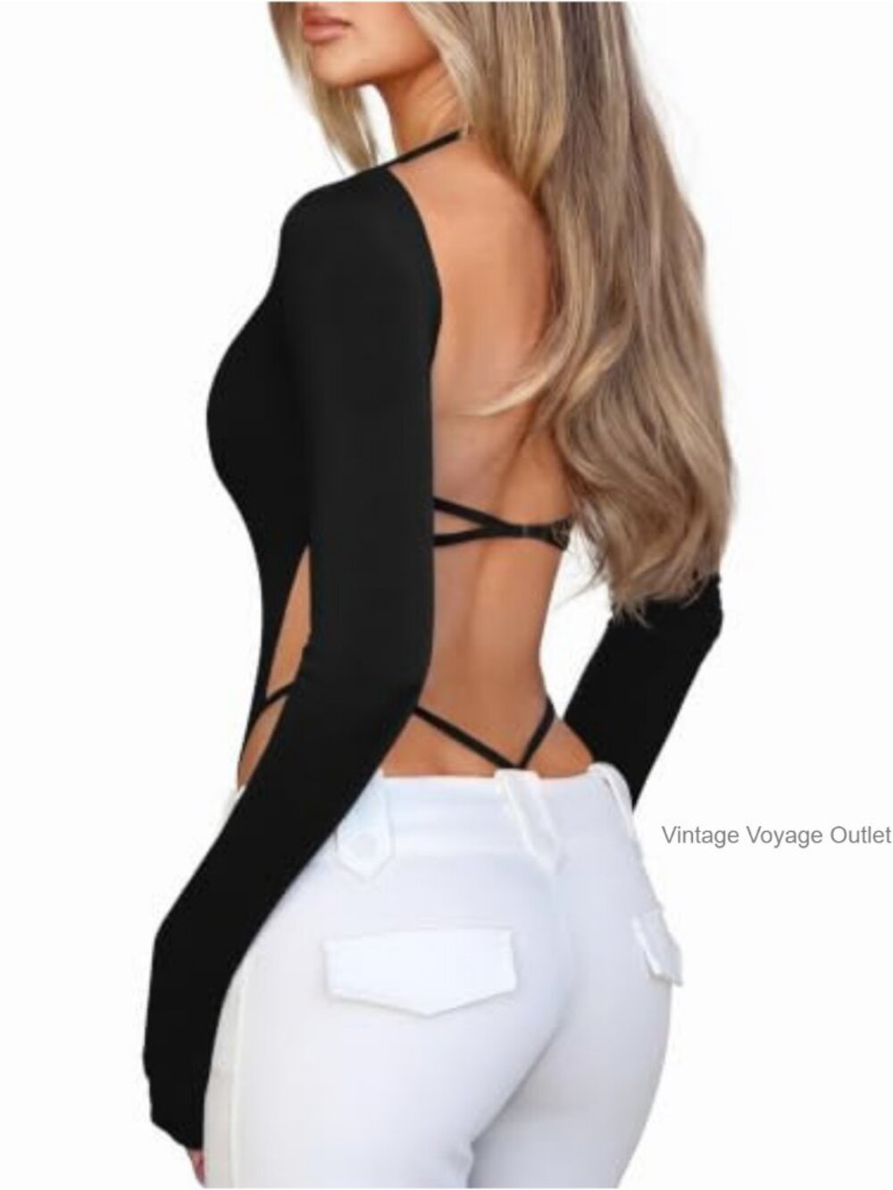 Open Back Long Sleeve Bodysuit Hook Closure Bodycon Party Top